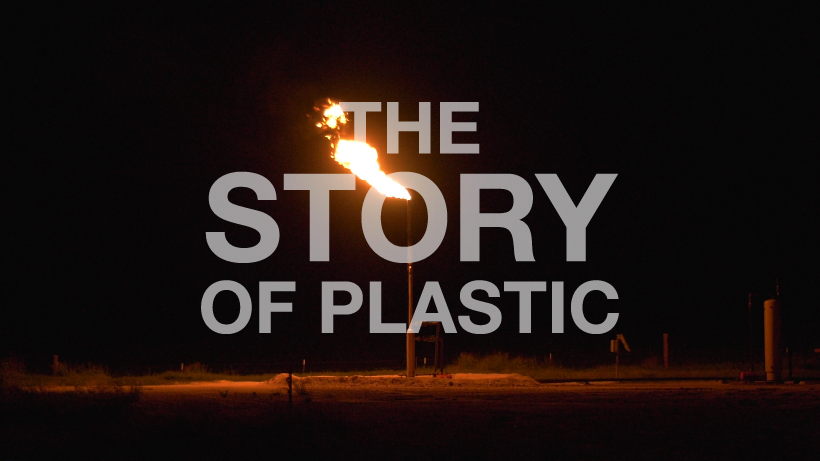 A burning flare behind the text "Story of Plastic"