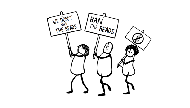 illustration of characters holding signs opposing microbeads