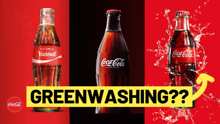 The word "Greenwashing?" in front of Coca-Cola bottles